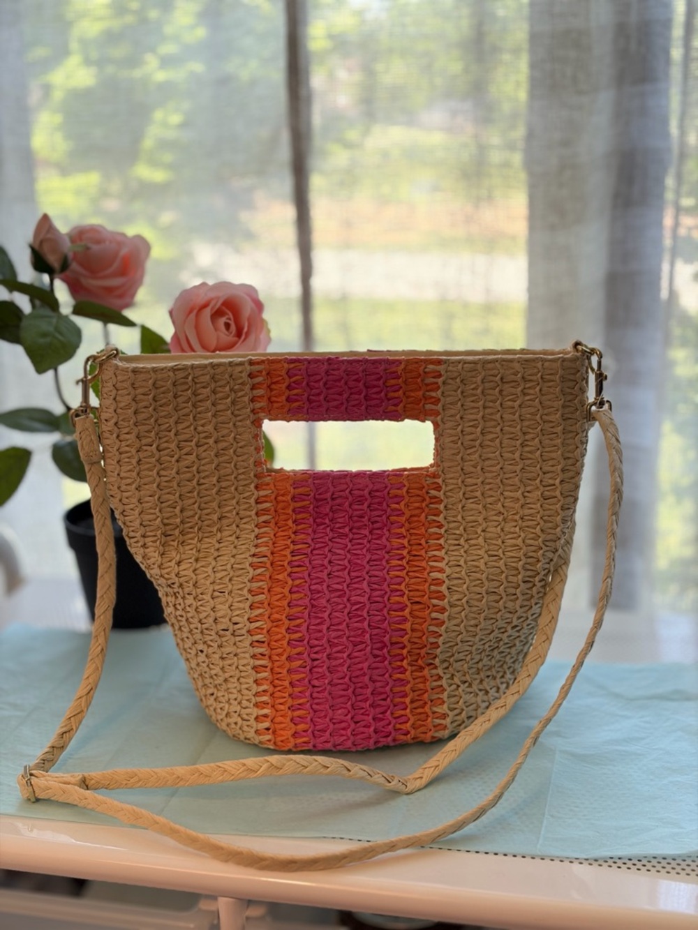 Universal Thread Woven Straw Crossbody with Pink & Orange Stripe